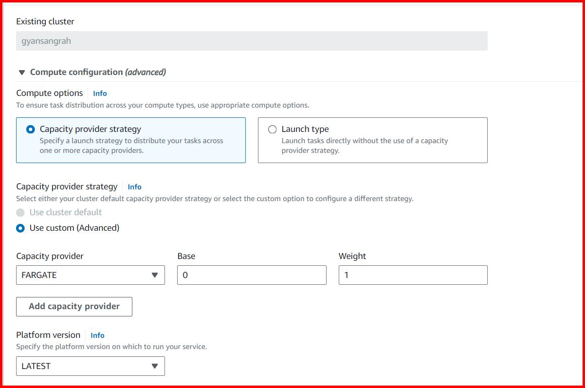 Picture showing setting the Capacity provider for the service